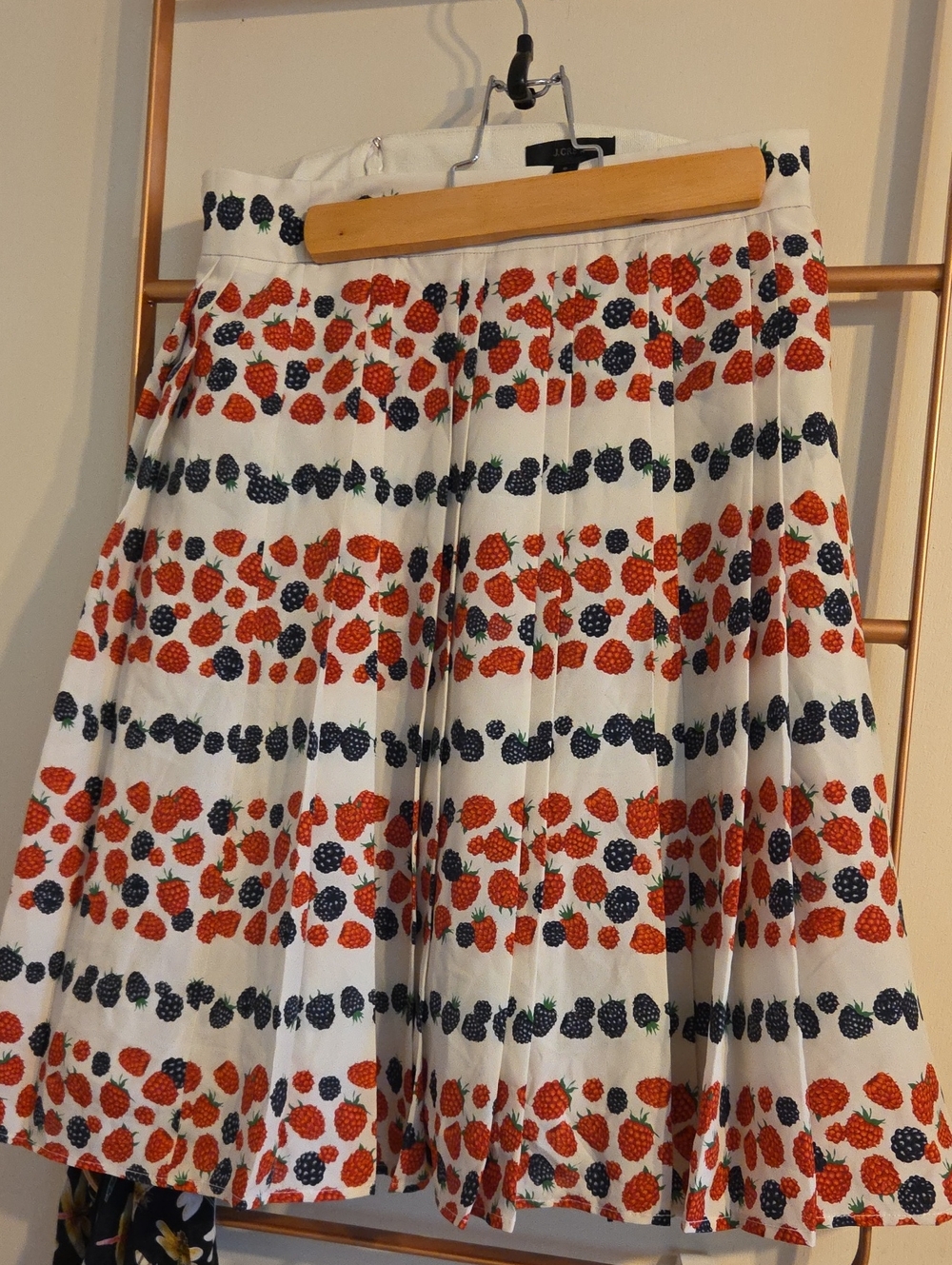 J. Crew Pleated White Skirt with Red and Navy Berry Print